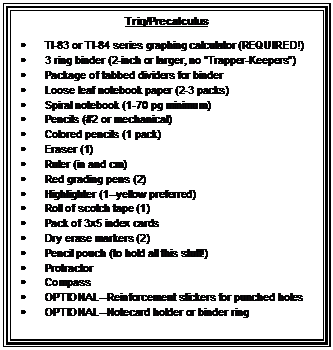 Text Box: Trig/Precalculus • TI-83 or TI-84 series graphing calculator (REQUIRED!) • 3 ring binder (2-inch or larger, no “Trapper-Keepers”) • Package of tabbed dividers for binder • Loose leaf notebook paper (2-3 packs) • Spiral notebook (1-70 pg minimum) • Pencils (#2 or mechanical) • Colored pencils (1 pack) • Eraser (1) • Ruler (in and cm) • Red grading pens (2) • Highlighter (1--yellow preferred) • Roll of scotch tape (1) • Pack of 3x5 index cards • Dry erase markers (2) • Pencil pouch (to hold all this stuff!) • Protractor • Compass • OPTIONAL--Reinforcement stickers for punched holes • OPTIONAL--Notecard holder or binder ring 