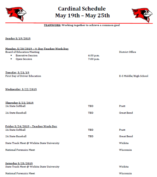 EllSaline USD 307 Cardinal Schedules 5/12/19 5/25/19